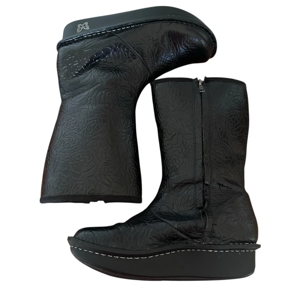 Alegria Embossed Leather Mid-Calf Boots Black EU 39 Shearling Lined - Picture 3 of 15